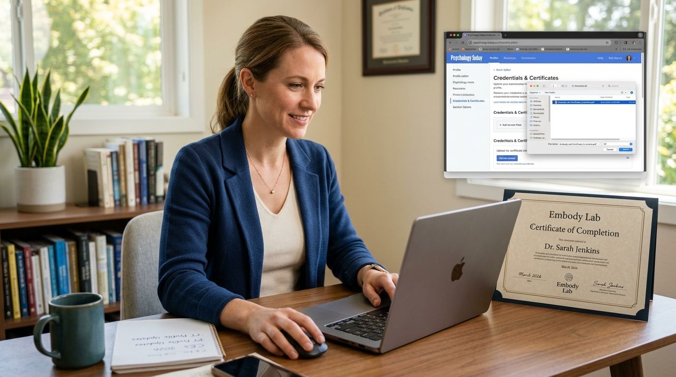 Embody Lab certificate to Psychology Today profile: 2026 workflow