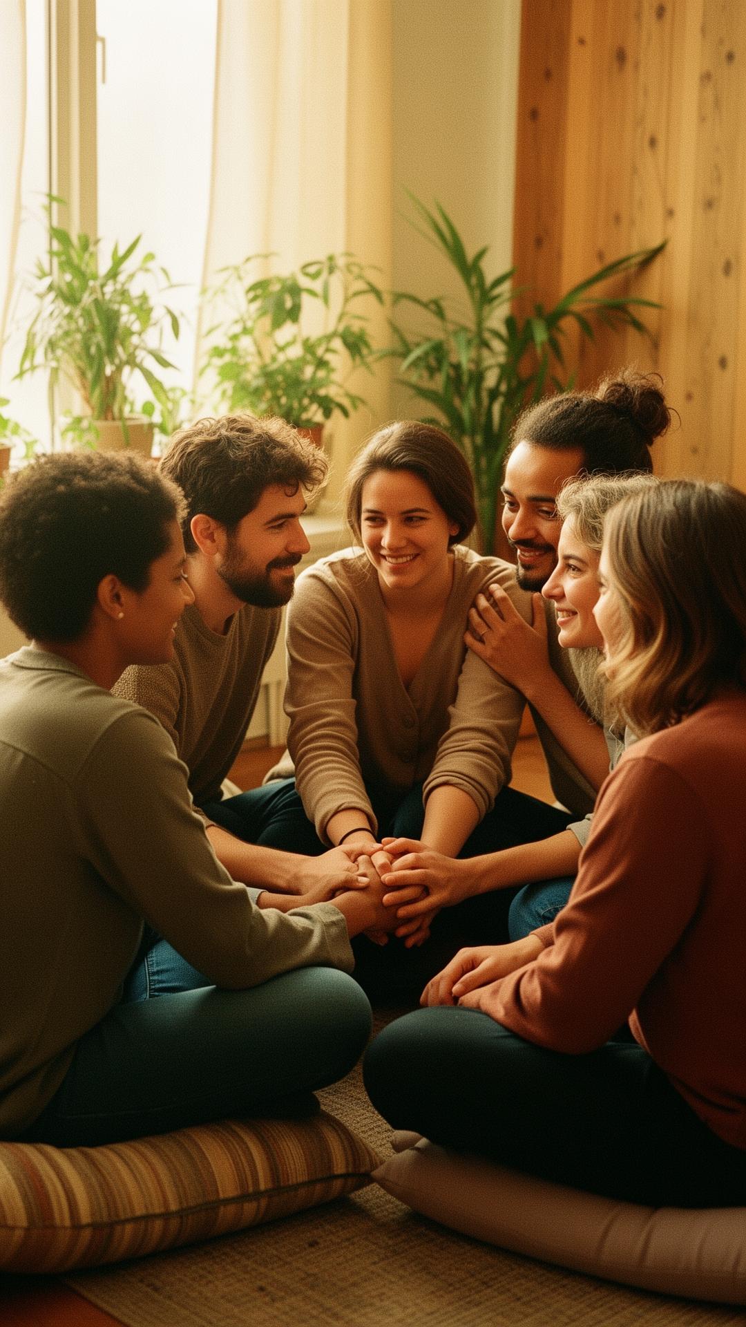 A small group therapy circle of diverse adults seated together in warm window light, hands joined in the center