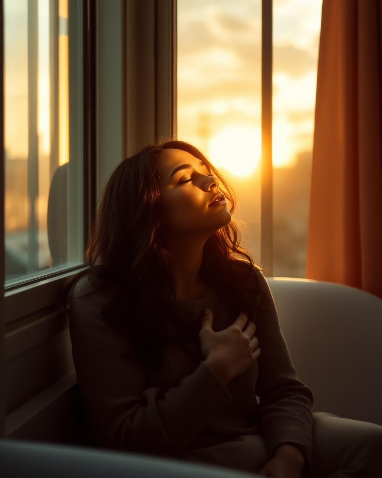 A person in quiet, deeply reflective stillness, hand resting on chest, bathed in warm window light