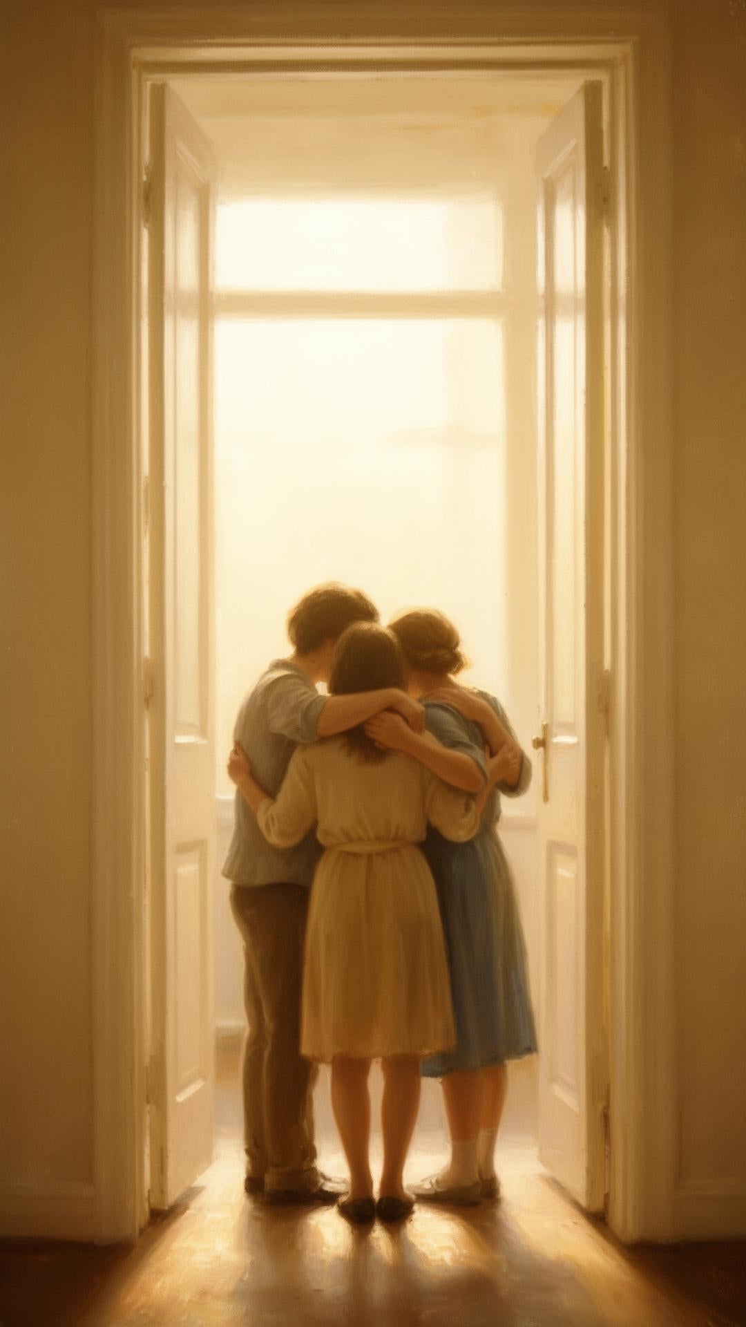 Three people in soft embrace, framed by a sunlit doorway