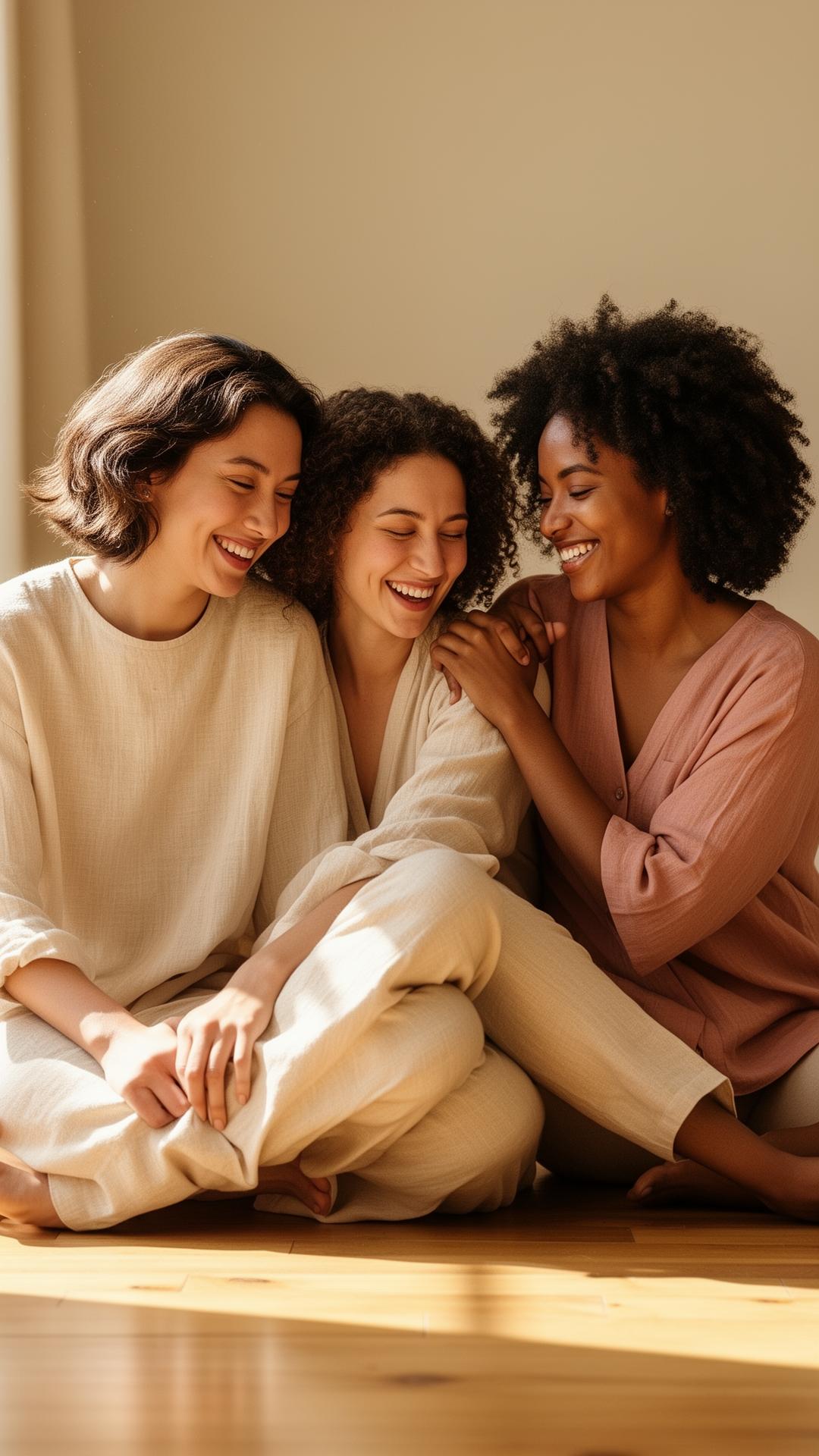 Three women laughing softly together in warm afternoon light